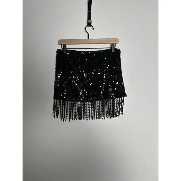Reformation Black Martina Showgirl Sequin Mini Beaded Fringe Womens Skirt Size 2 - Picture 6 of 8